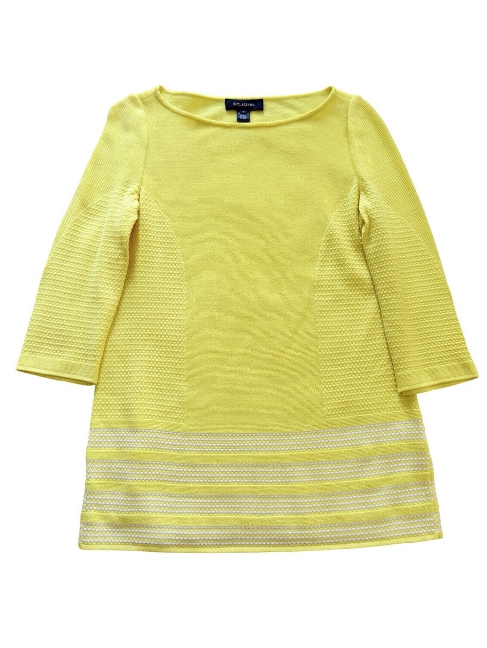 St. John Santana Knit Tunic Sweater Petite P, 3/4 Sleeve Textured Top Yellow